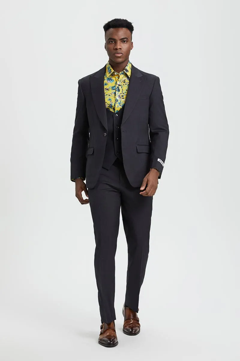 Men's Vested One Button Peak Lapel Stacy Adams Designer Suit in Charcoal sold by Alberto Nardoni product image thumbnail 2