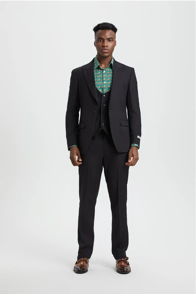 Men's Vested One Button Peak Lapel Stacy Adams Designer Suit in Black sold by Alberto Nardoni product image thumbnail 2