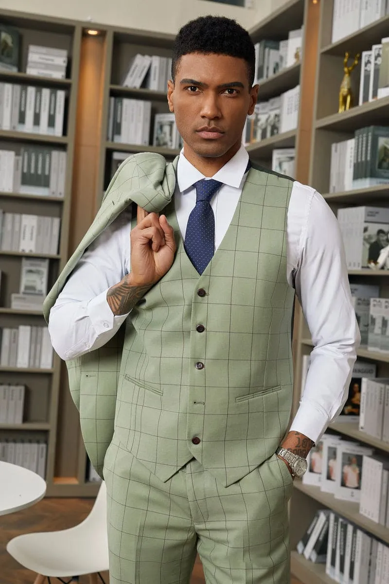 "Mens Stacy Adams Suit -Stacy Adams Suit Men's Sage Green Windowpane Plaid Vested Suit" sold by Alberto Nardoni product image thumbnail 3