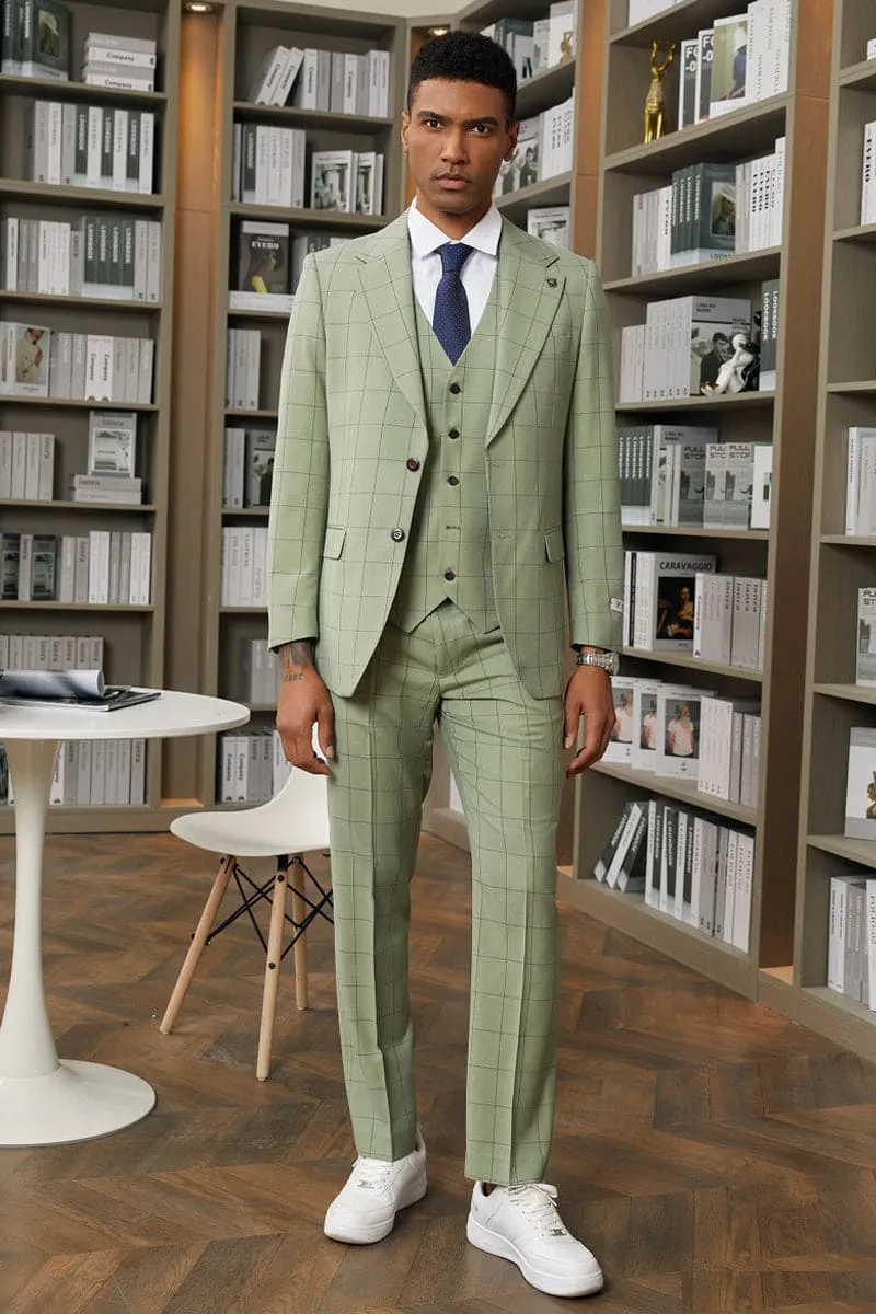 "Mens Stacy Adams Suit -Stacy Adams Suit Men's Sage Green Windowpane Plaid Vested Suit" sold by Alberto Nardoni product image thumbnail 2