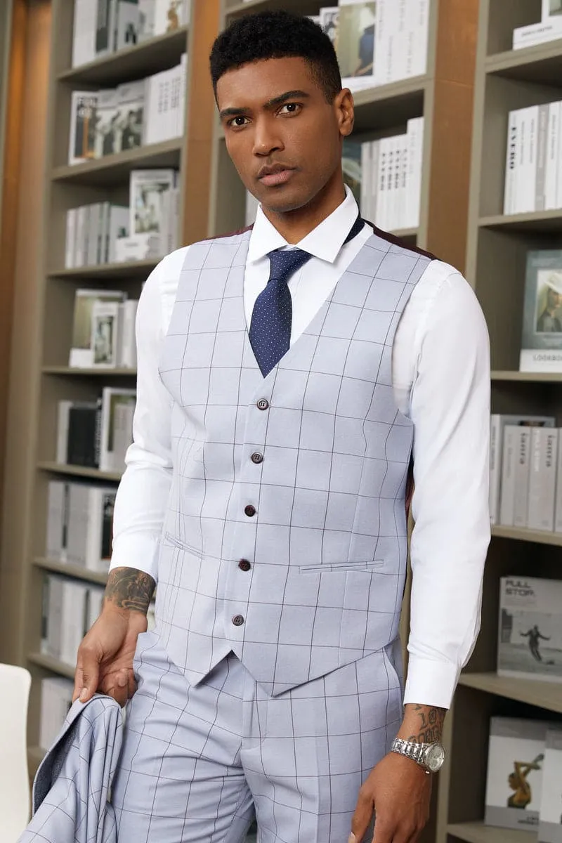 Mens Stacy Adams Suit -Stacy Adams Suit Men's Light Blue Plaid Vested Suit - Two Button Wide Notch Lapel sold by Alberto Nardoni product image thumbnail 3