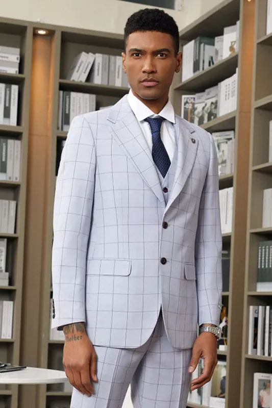 Mens Stacy Adams Suit -Stacy Adams Suit Men's Light Blue Plaid Vested Suit - Two Button Wide Notch Lapel sold by Alberto Nardoni