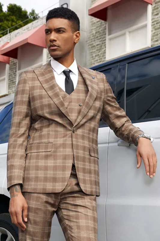 "Mens Stacy Adams Suit - Stacy Adams Suit Men's Brown Glen Plaid Vested Suit - One Button Peak Lapel" sold by Alberto Nardoni