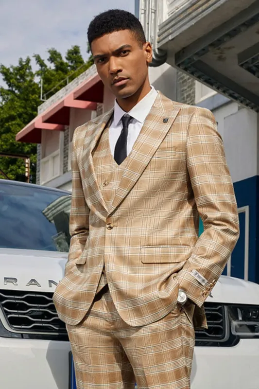 "Mens Stacy Adams Suit - Stacy Adams Suit Men's Light Tan Glen Plaid Vested Suit - One Button Peak Lapel" sold by Alberto Nardoni