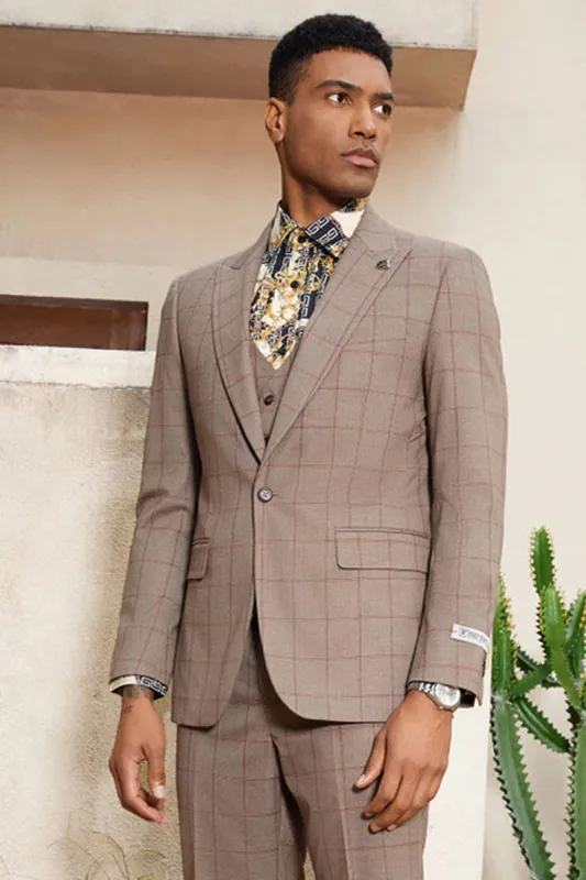 "Mens Stacy Adams Suit - Stacy Adams Men's Windowpane Plaid Suit with Reversible Vest - Light Brown" sold by Alberto Nardoni