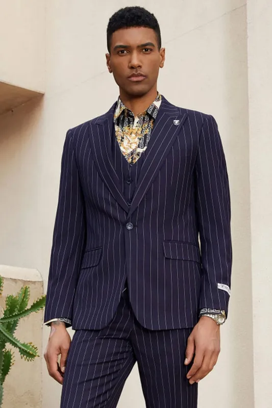 "Stacy Adams Men's Modern Vested Suit - One Button, Midnight Purple Pinstripe" made by Stacy Adams