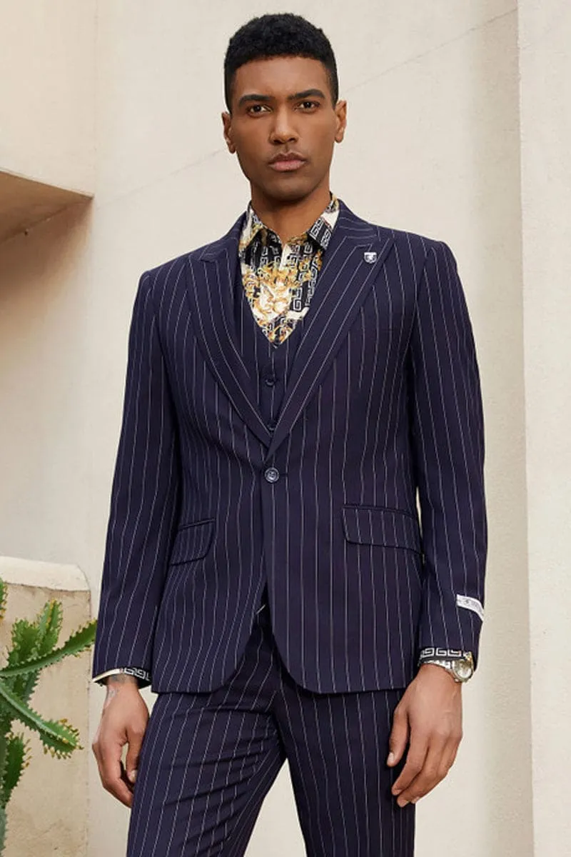 "Stacy Adams Men's Modern Vested Suit - One Button, Midnight Purple Pinstripe" sold by Alberto Nardoni