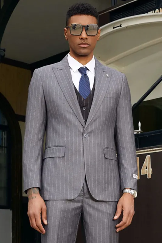 "Mens Stacy Adams Suit -Stacy Adams Men's Modern Grey Pinstripe Vested Suit - One Button" made by Stacy Adams