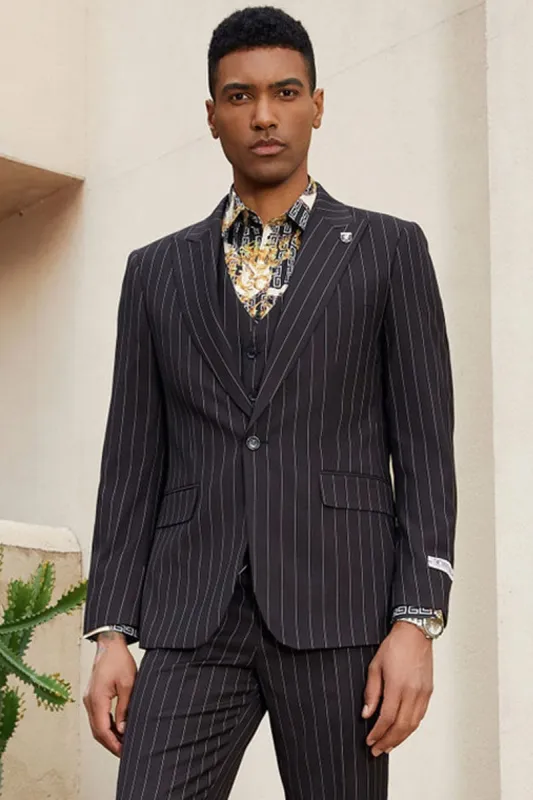 "Mens Stacy Adams Suit -Stacy Adams  Suit Men's Modern Black Pinstripe Vested Suit - One Button" made by Alberto Nardoni