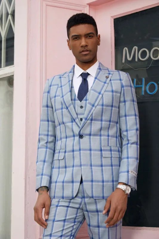 "Mens Stacy Adams Suit - Stacy Adams Suit Men's Vested Peak Lapel Plaid Suit - Blue Windowpane" sold by Alberto Nardoni