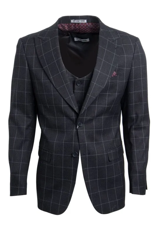 "Mens Stacy Adams Suit - Stacy Adams Suit Men's Charcoal Grey Windowpane Plaid Suit - Two Button Vested Peak Lapel" sold by Alberto Nardoni