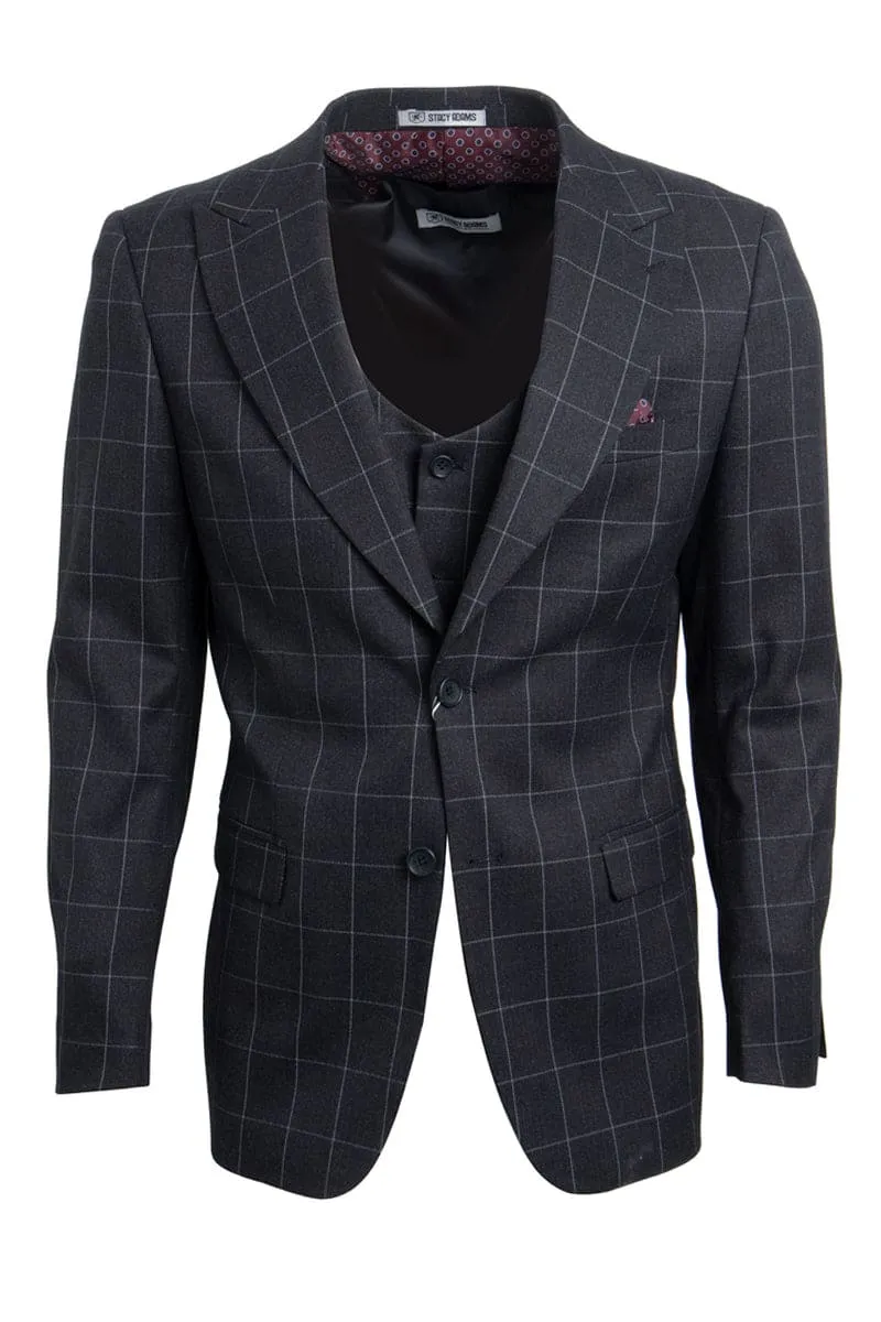 "Mens Stacy Adams Suit - Stacy Adams Suit Men's Charcoal Grey Windowpane Plaid Suit - Two Button Vested Peak Lapel" sold by Alberto Nardoni