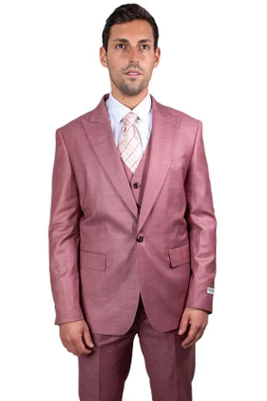 "Mens Stacy Adams Suit -Stacy Adams  Suit Men's Sharkskin Suit - One Button Peak Lapel Vested in Salmon Pink" sold by Alberto Nardoni