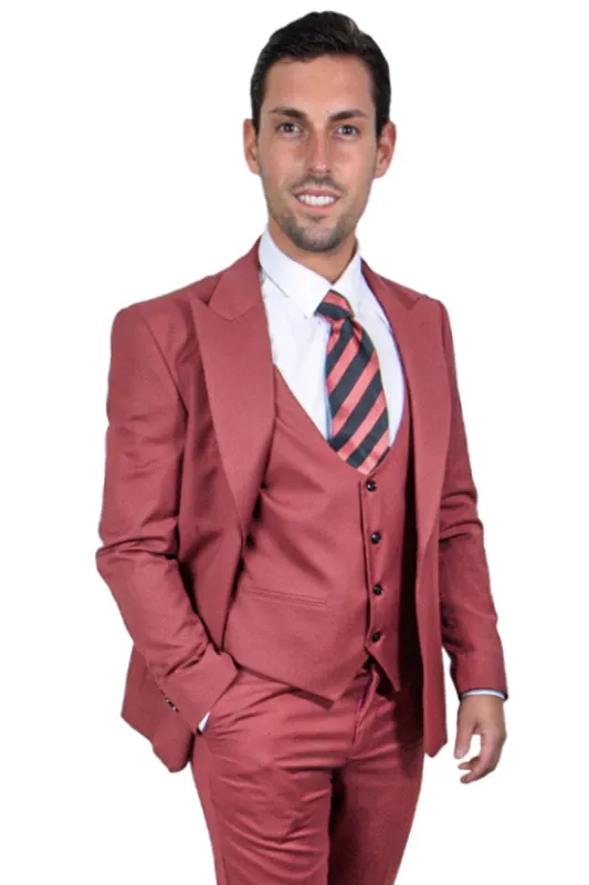 "Mens Stacy Adams Suit - Stacy Adams  Suit Men's Coral Blush Pink Suit with Vested One Button Peak Lapel" sold by Alberto Nardoni