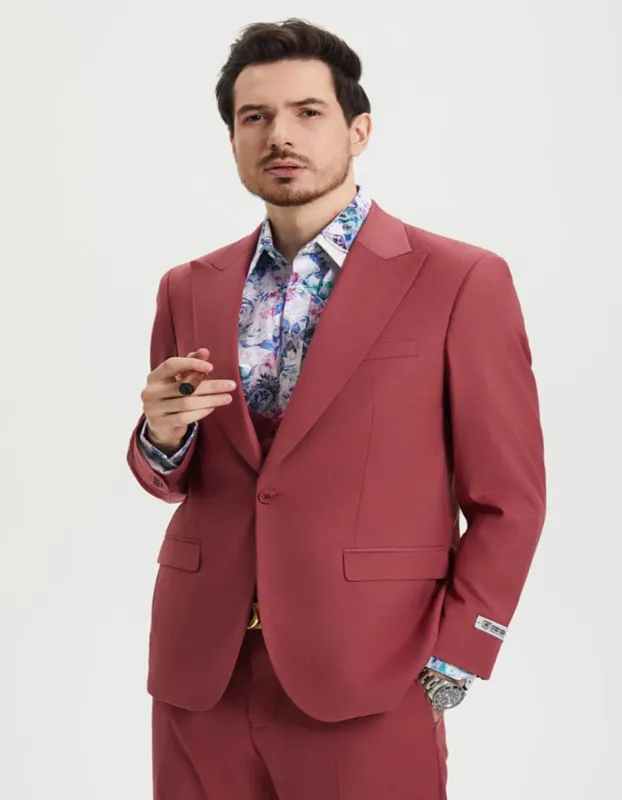 "Mens Stacy Adams Suit - Stacy Adams Suit Men's Designer Suit - Coral Blush Pink, Vested One Button Peak Lapel" Coral Prom 2025 Suits sold by Alberto Nardoni