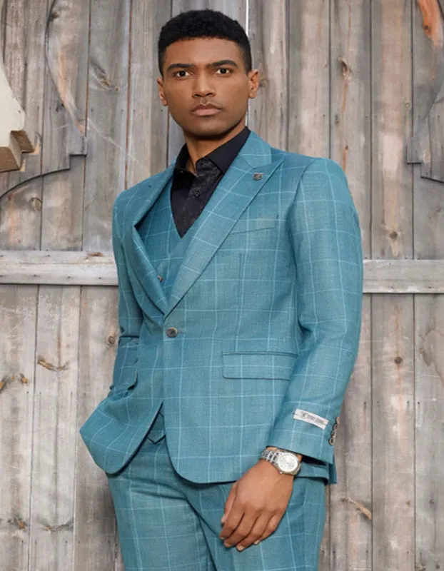 "Mens Stacy Adams Suit - Stacy Adams Suit Men's Teal Windowpane Suit - One Button Peak Lapel with Double Breasted Vest" Teal and Turquoise Prom Suits sold by Alberto Nardoni