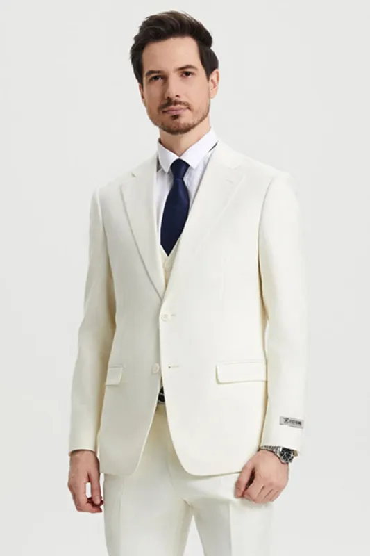 Men's Two Button Vested Stacy Adams Basic Designer Suit in Ivory Off White sold by Alberto Nardoni