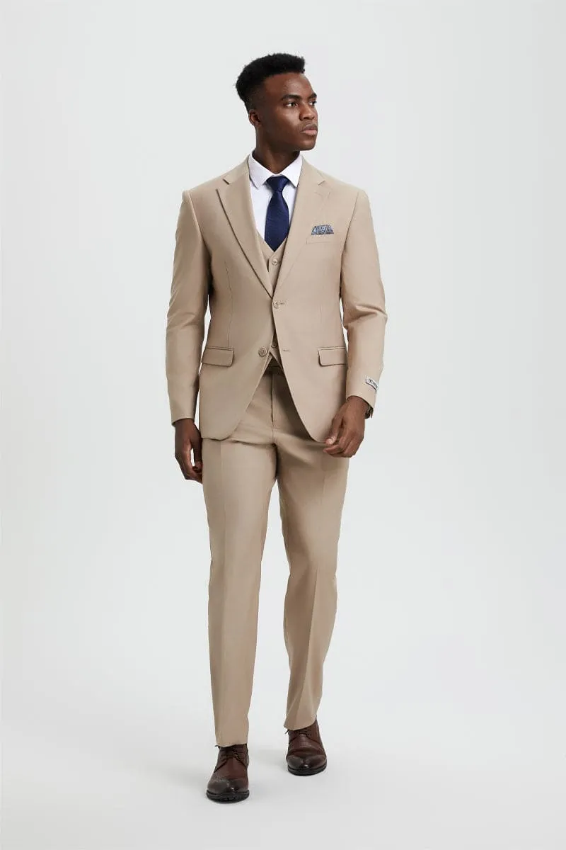 Men's Two Button Vested Stacy Adams Basic Designer Suit in Tan sold by Alberto Nardoni product image thumbnail 3