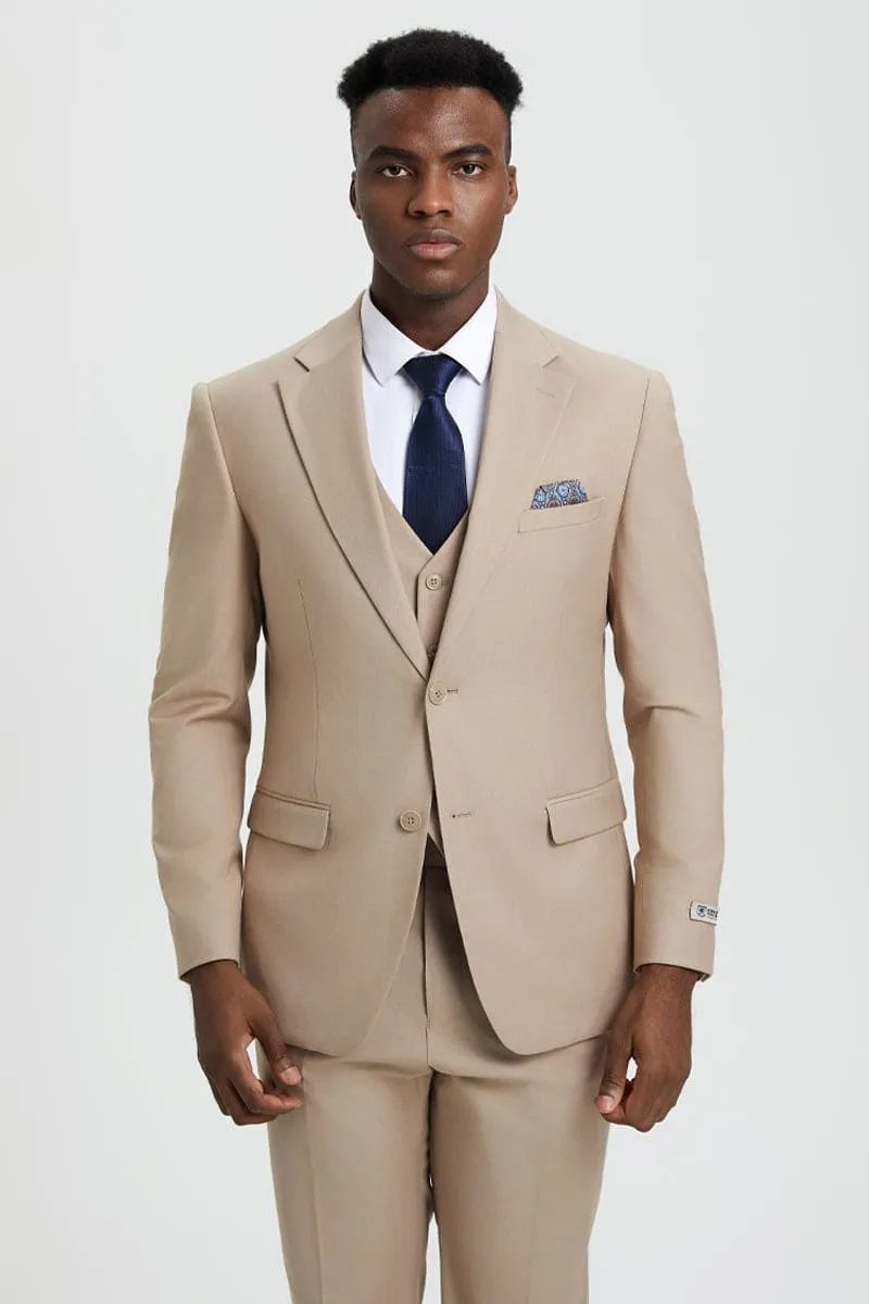 Men's Two Button Vested Stacy Adams Basic Designer Suit in Tan sold by Alberto Nardoni product image thumbnail 4