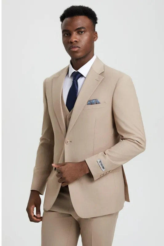 Men's Two Button Vested Stacy Adams Basic Designer Suit in Tan sold by Alberto Nardoni