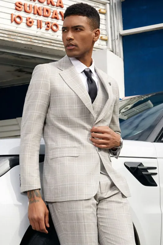 "Mens Stacy Adams Suit -Stacy Adams  Suit Men's Light Grey Plaid Vested Business Suit - Two Button" sold by Alberto Nardoni