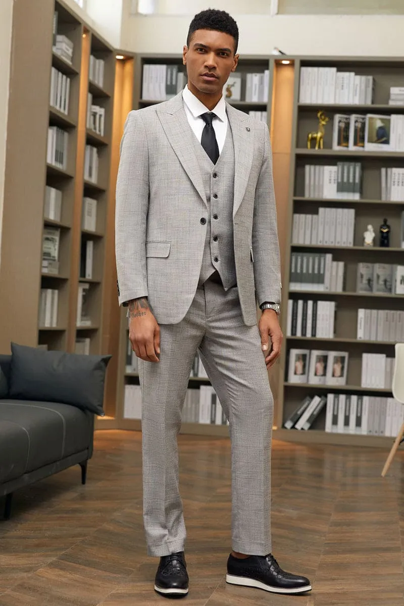 "Mens Stacy Adams Suit-Stacy Adam's Suit Men's Grey Windowpane Plaid Suit - One Button, Peak Lapel, Vested" sold by Alberto Nardoni product image thumbnail 2