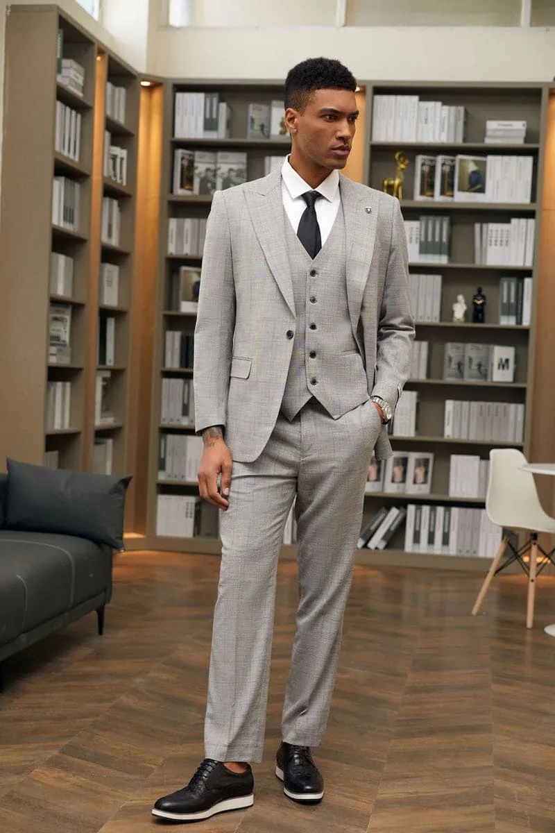 "Mens Stacy Adams Suit-Stacy Adam's Suit Men's Grey Windowpane Plaid Suit - One Button, Peak Lapel, Vested" sold by Alberto Nardoni product image thumbnail 3