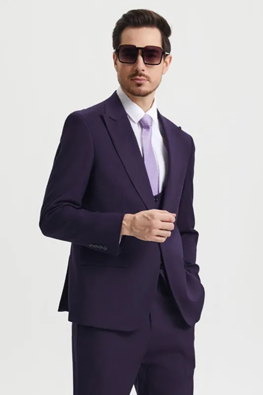 Men's Vested One Button Peak Lapel Stacy Adams Designer Suit in Eggplant sold by Alberto Nardoni