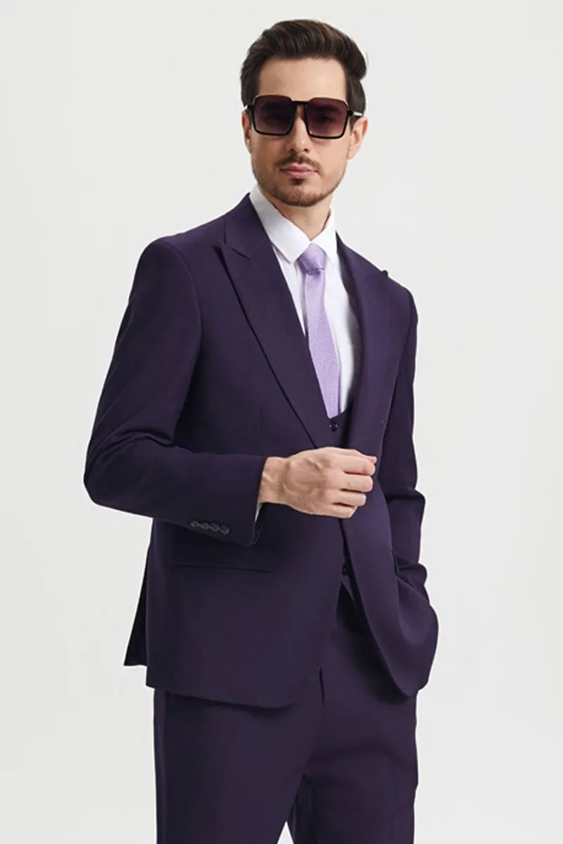 Men's Vested One Button Peak Lapel Stacy Adams Designer Suit in Eggplant sold by Alberto Nardoni