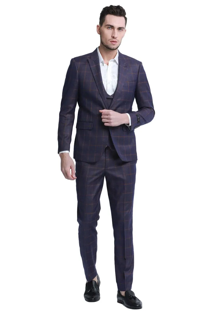 "Burgundy Plaid Men's Slim Fit Double Breasted Vest Suit - One Button" sold by Alberto Nardoni product image thumbnail 2