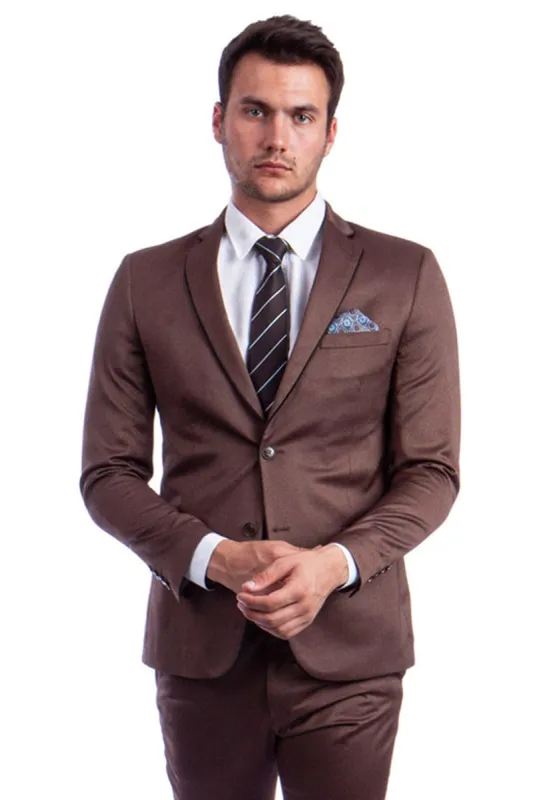 "Sharkskin Slim Fit Men's Suit - Two Button, Light Brown Cognac, Black Lapel Trim" sold by Alberto Nardoni