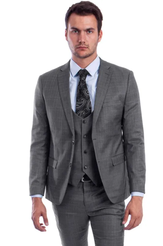 "Grey Plaid Skinny Fit Men's Suit with Two-Button Vest - Low Cut" sold by Alberto Nardoni