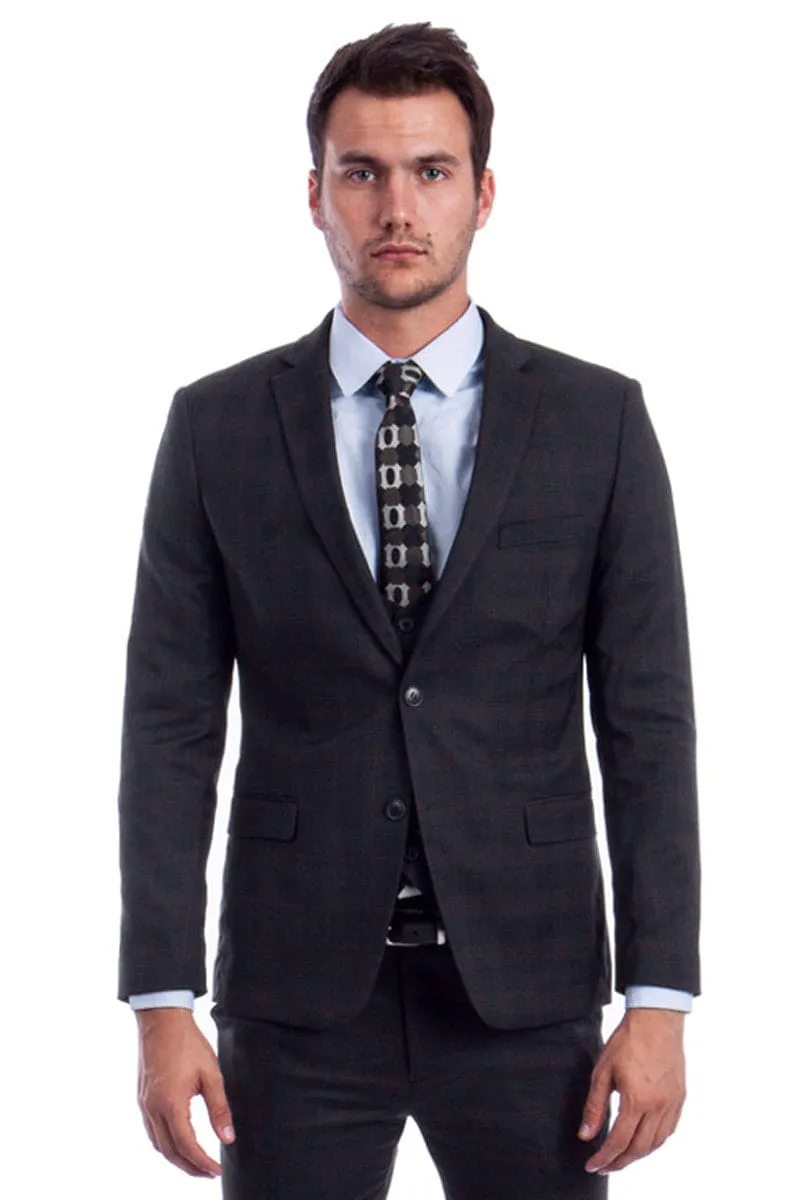 "Black Plaid Men's Skinny Fit Suit with Two-Button Vest - Low Cut" sold by Alberto Nardoni