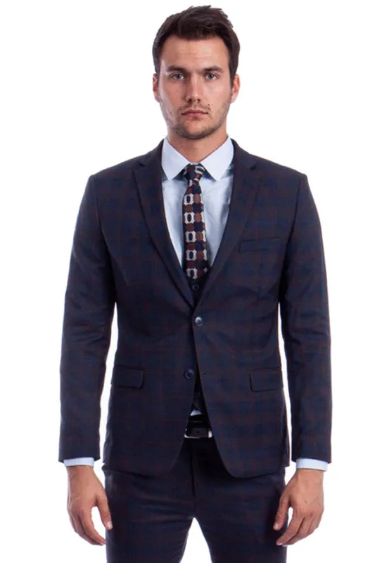 "Men's Skinny Fit Two Button Plaid Suit with Low Cut Vest - Blue & Brown" sold by Alberto Nardoni