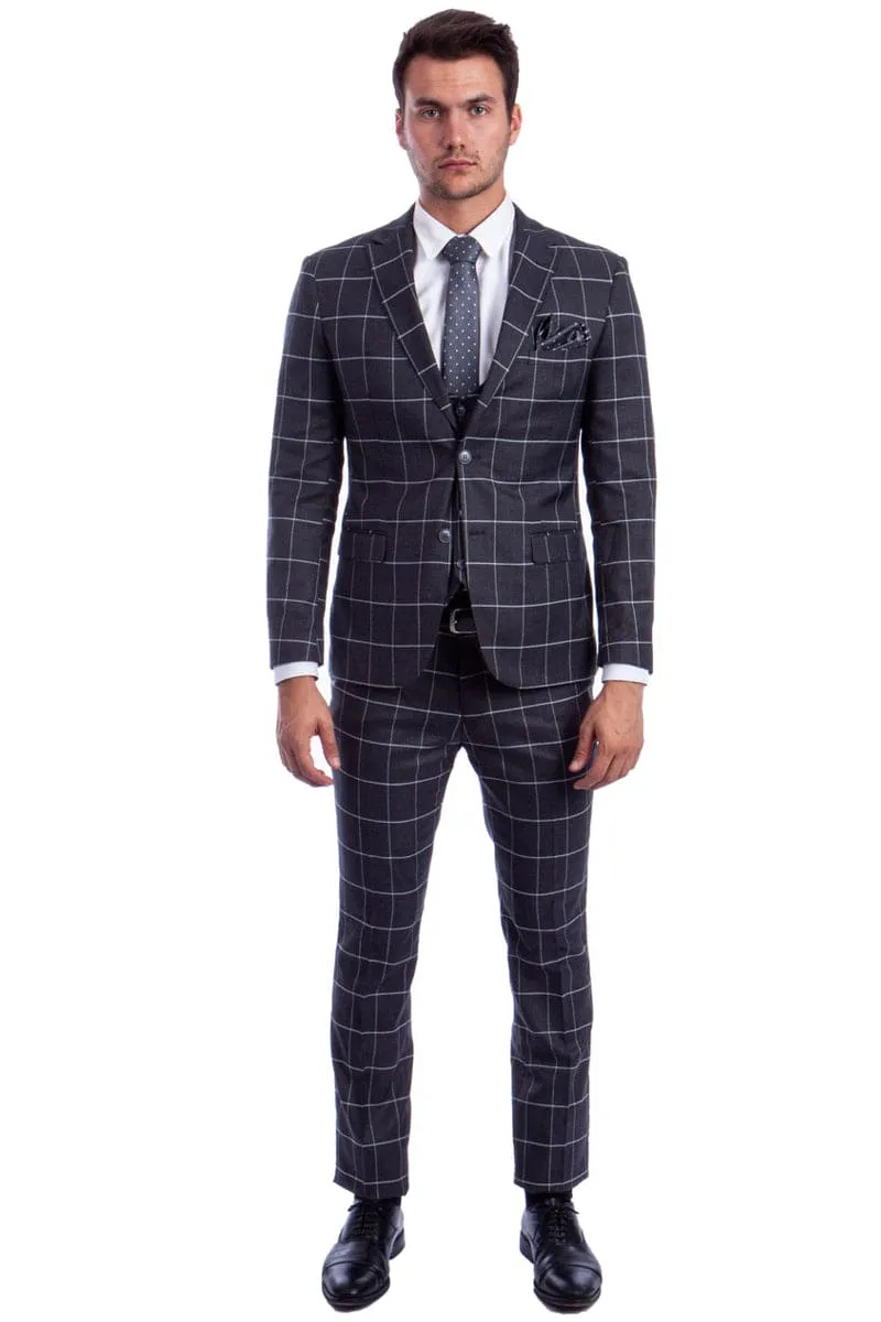 "Grey & White Windowpane Plaid Men's Slim Fit Two Button Vested Suit" sold by Alberto Nardoni product image thumbnail 2