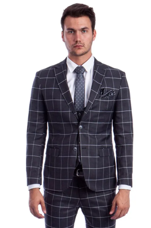 "Grey & White Windowpane Plaid Men's Slim Fit Two Button Vested Suit" sold by Alberto Nardoni