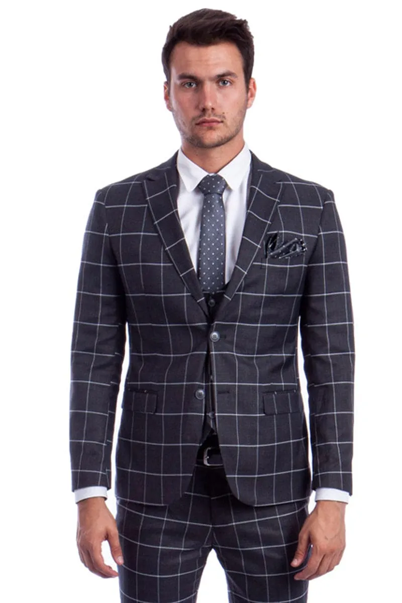 "Grey & White Windowpane Plaid Men's Slim Fit Two Button Vested Suit" sold by Alberto Nardoni