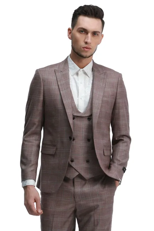 "Rose Pink Plaid Men's Slim Fit Double Breasted Vest Suit" sold by Alberto Nardoni