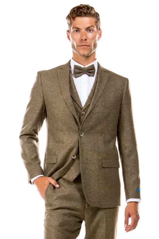 "Vintage Style Men's Tweed Wedding Suit - Two Button Vested in Tan" made by Alberto Nardoni