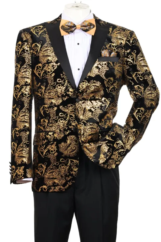 "Velvet Floral Paisley Men's Tuxedo Jacket - Modern Fit in Gold & Black" made by Alberto Nardoni