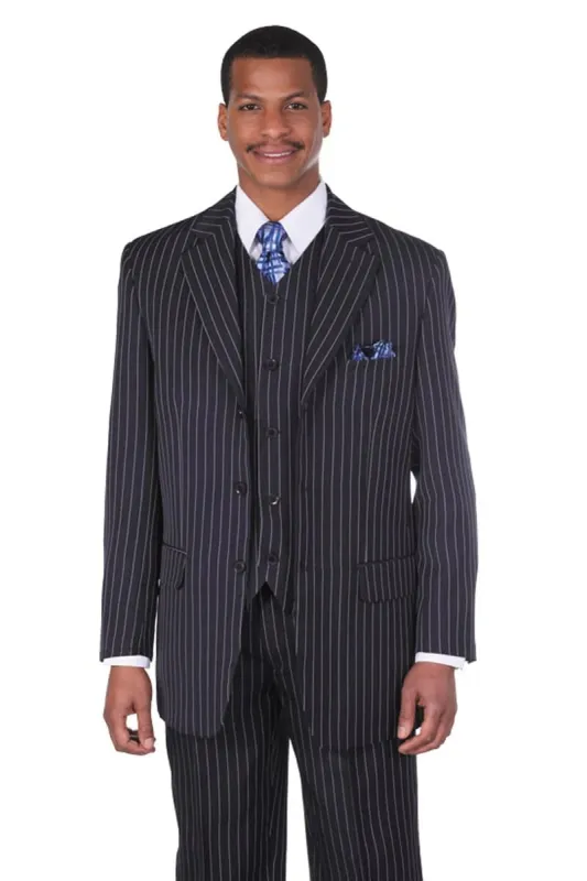 Mens 3 Button Vested 1920's Gangster Pinstripe Suit in Navy Pinstripe sold by Alberto Nardoni