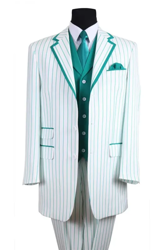 Mens Vested Contrast Stripe Fashion Suit in White/Turquoise sold by Alberto Nardoni