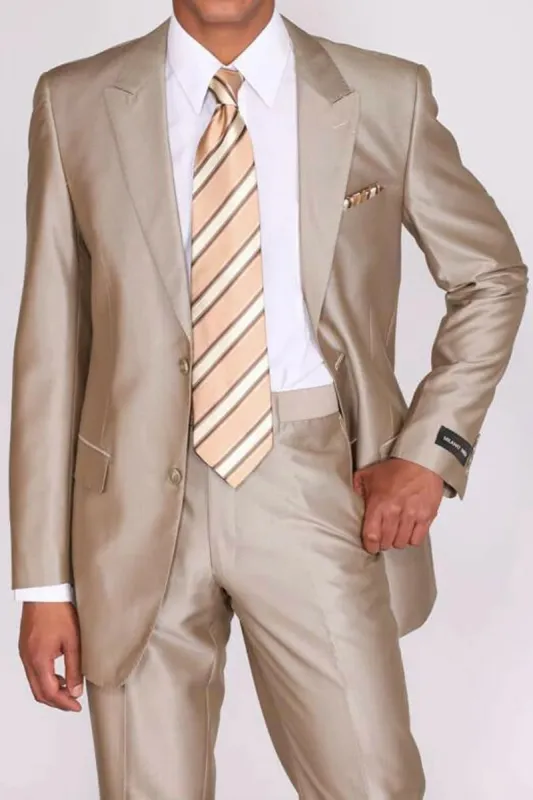 Mens 2 Button Peak Lapel Shiny Sharkskin Suit in Tan sold by Alberto Nardoni