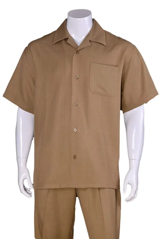 Mens Short Sleeve Casual Summer Walking Suit in Solid Tan made by Alberto Nardoni