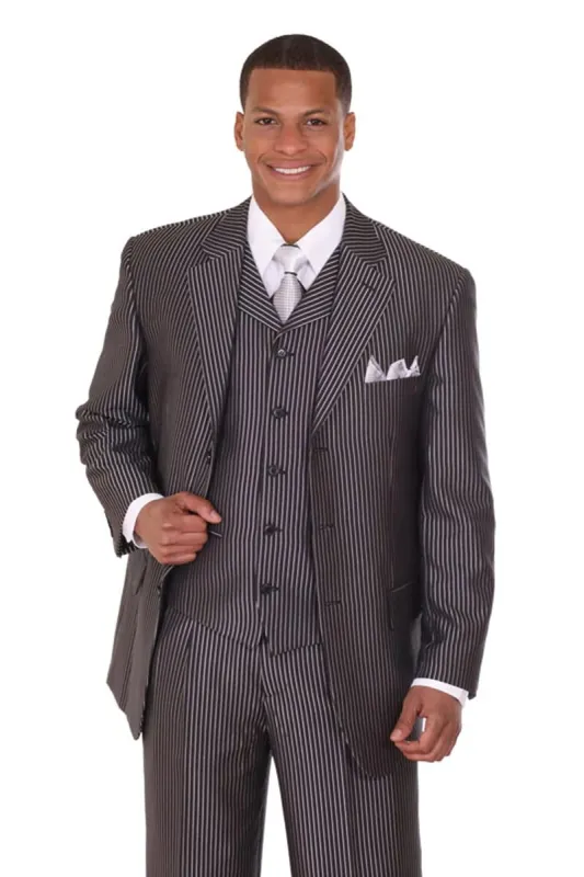 Mens 3 Button Vested Tonal Stripe Suit in Black sold by Alberto Nardoni