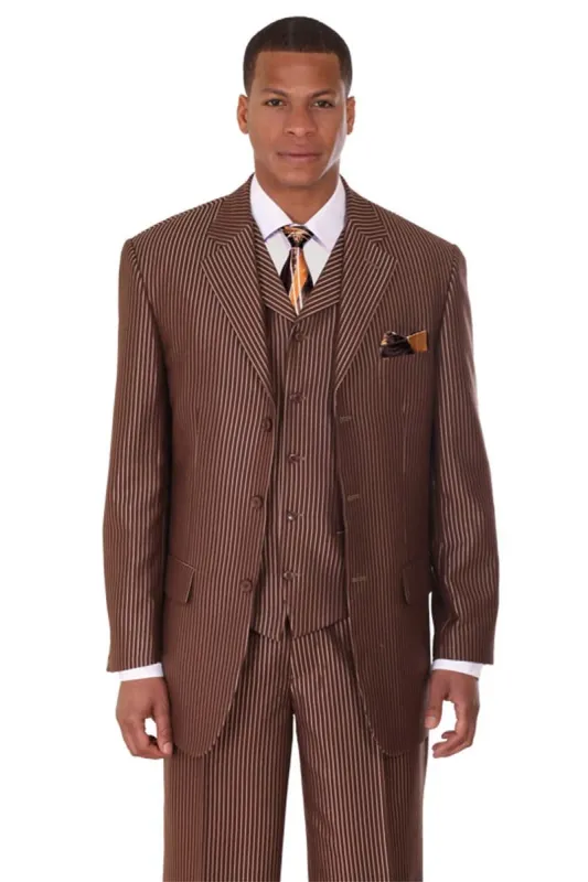 Mens 3 Button Vested Tonal Stripe Suit in Brown sold by Alberto Nardoni