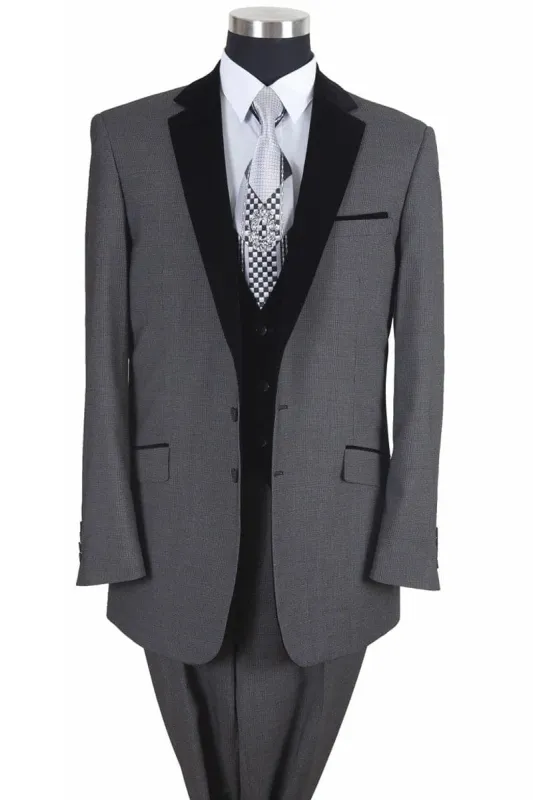 Mens Vested 2 Button Suit with Black Velvet Collar and Vest in Grey made by Alberto Nardoni