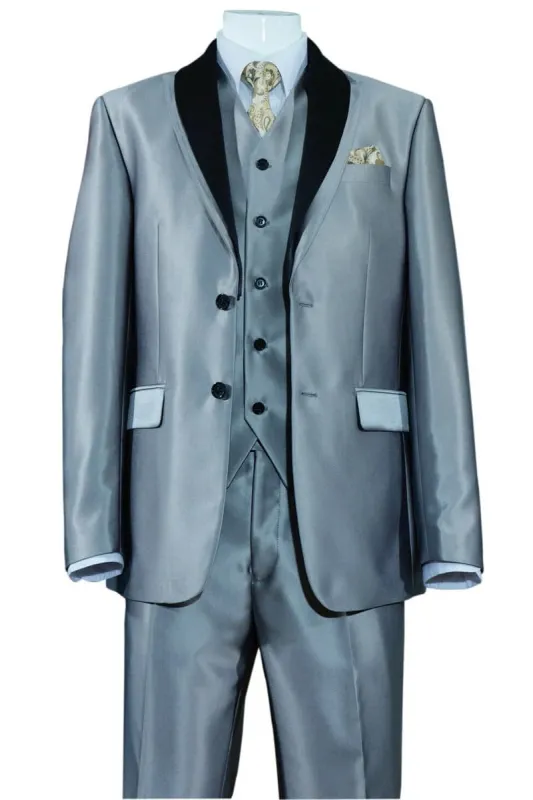 Mens 2 Button Vested Contrast Peak Lapel Sharkskin Tuxedo Suit in Silver sold by Alberto Nardoni