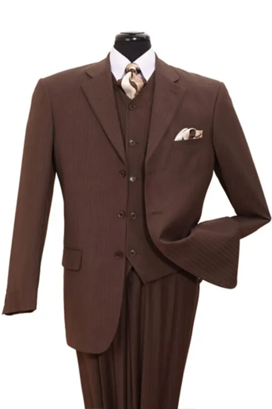 Mens Vested Wide Tonal Stripe Suit in Brown sold by Alberto Nardoni