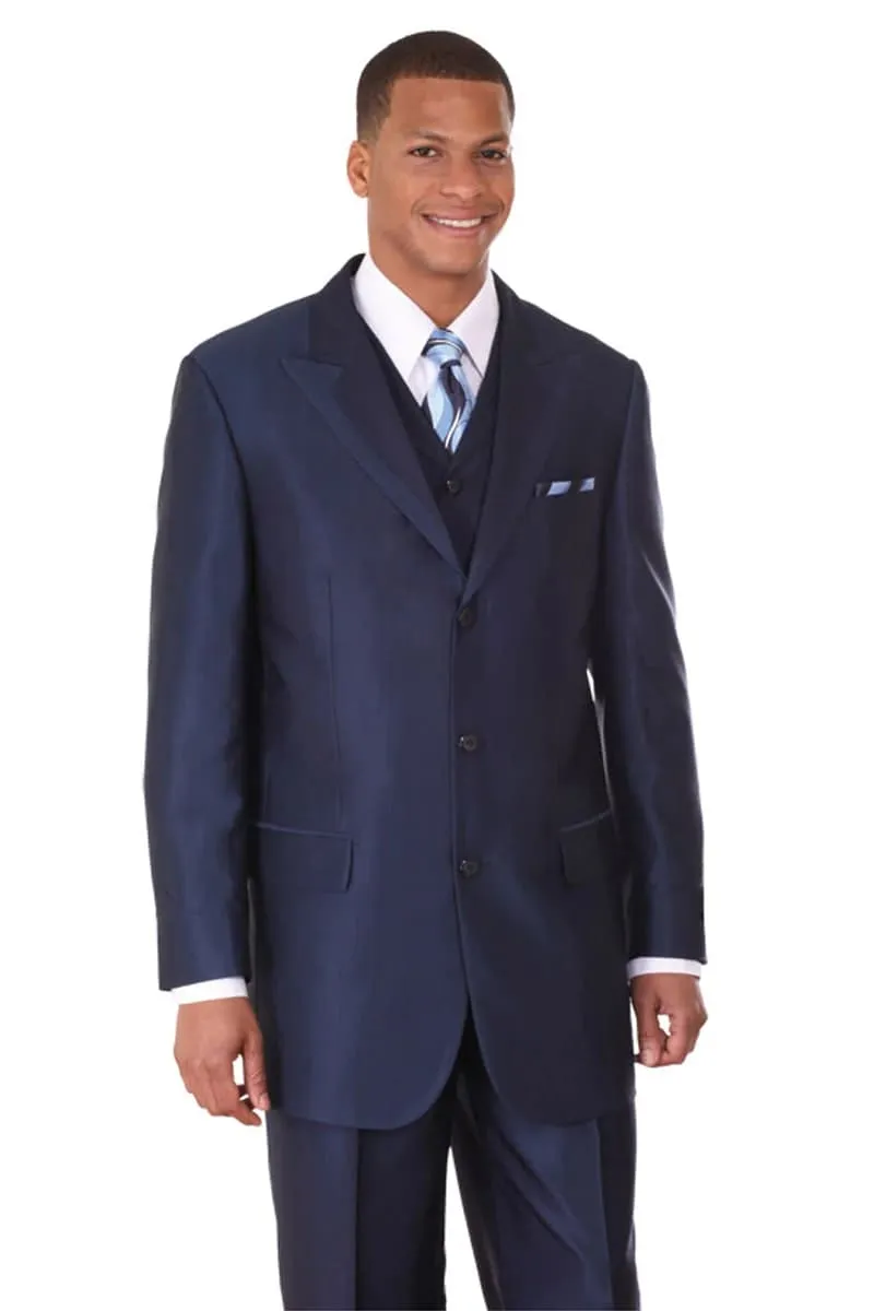 Mens 3 Button Fashion Suit with Wide Trimmed Peak Lapel in Navy sold by Alberto Nardoni
